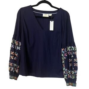 Anthropologie Maeve Sonja Blouse Blue Embroidered V-Neck Cotton Long Sleeve Top